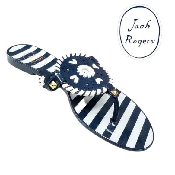 NIB Jack Rogers Georgica Jelly Sandals Midnight Navy Stripes 8 - Picture 1 of 4